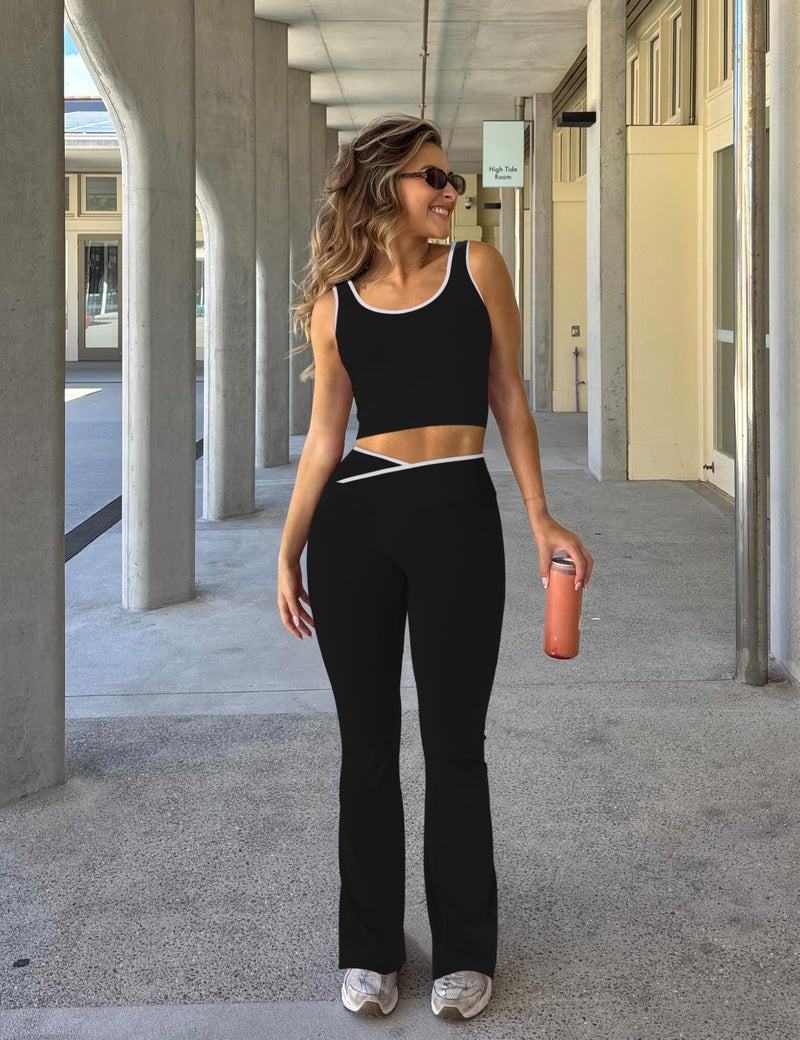 OLCHEE Womens Workout Sets 2 Piece Gym Yoga Outfits Crossover Flare Leggings Crop Tank Top with Contrast Trim - Black Medium - Image 2