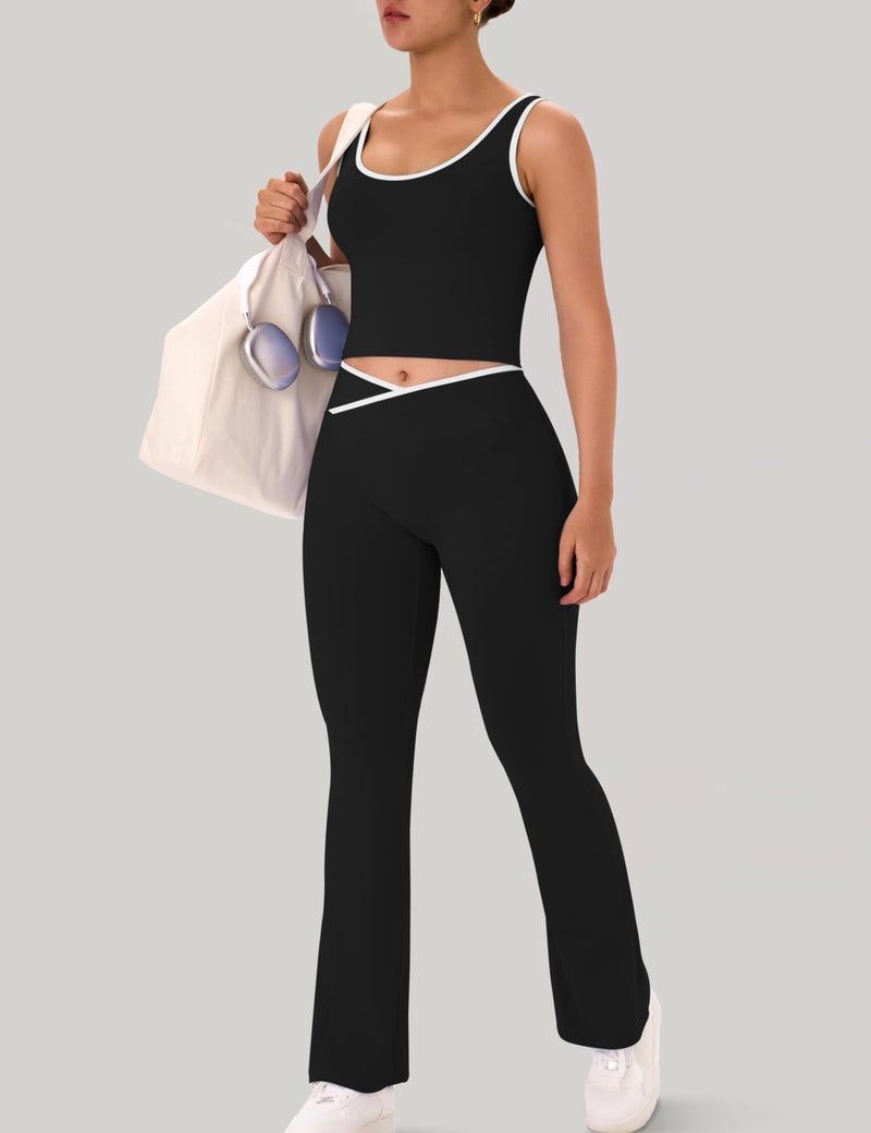 OLCHEE Womens Workout Sets 2 Piece Gym Yoga Outfits Crossover Flare Leggings Crop Tank Top with Contrast Trim - Black Medium - Image 4