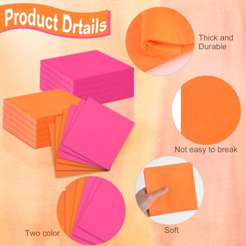 Sturdy Disposable Napkins 2-Ply 23CM X 23CM Bulk Pack Of 120 - Vivid Pink Orange Hues Luncheon Cocktail Napkins For Bachelorette Parties Birthday Celebrations Baby Showers - Image 3