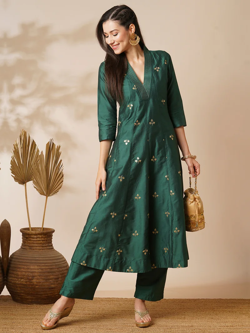 globus Women Floral Embroidered Panelled Sequinned Anarkali Kurta With Trouser