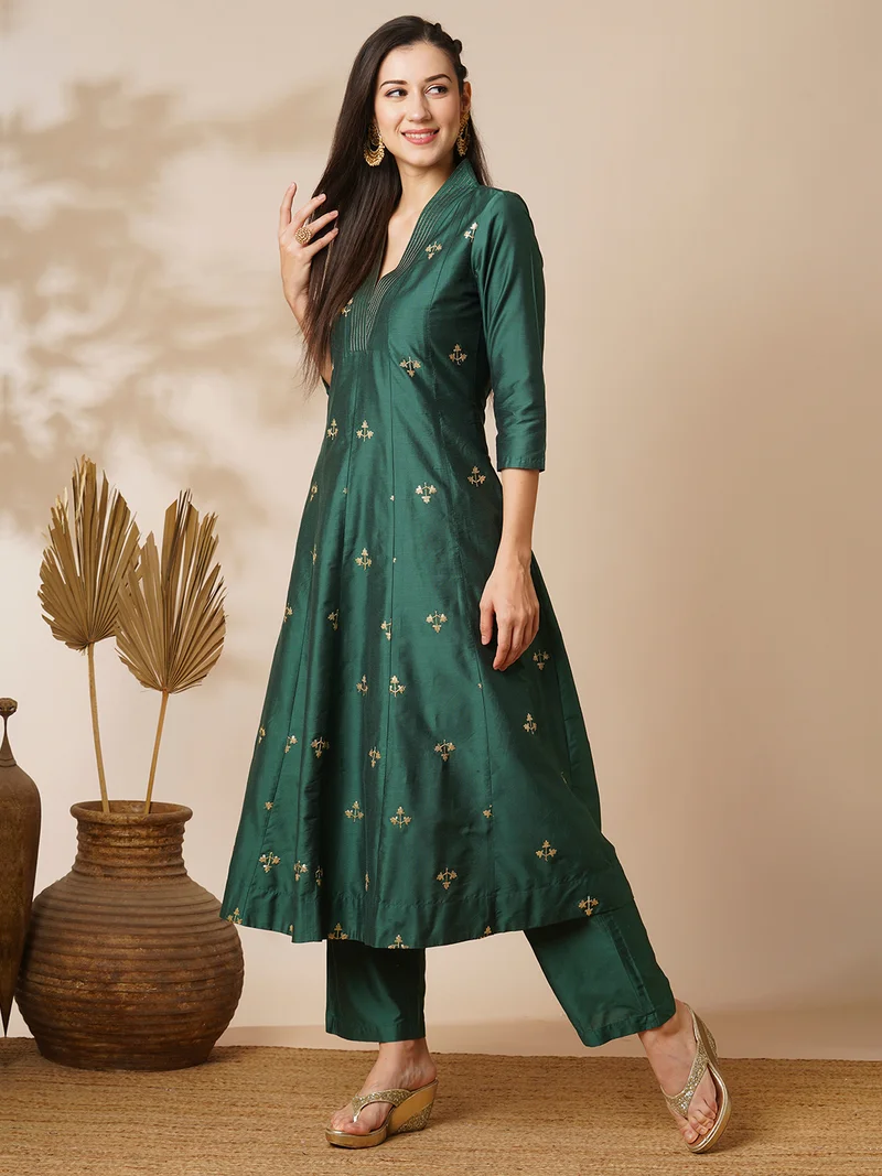globus Women Floral Embroidered Panelled Sequinned Anarkali Kurta With Trouser