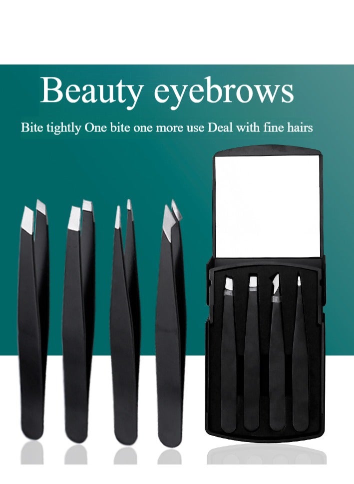 Generic Tweezers Set with Mirror Case - Tweezers for Men, Tweezers for Women Facial Hair, Tweezers Set for Fine Hair, Ingrown Hair Wig Plucking, Travel Tweezer kit with mirror compact (Black) - Image 1