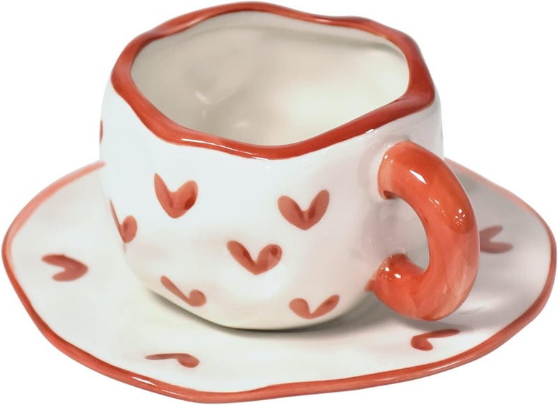 Koythin Ceramic Coffee Mug with Saucer Set, Cute Creative Cup Unique Irregular Design for Office and Home, Dishwasher and Microwave Safe, 10 oz/300 ml for Latte Tea Milk (Red Heart) - Image 1