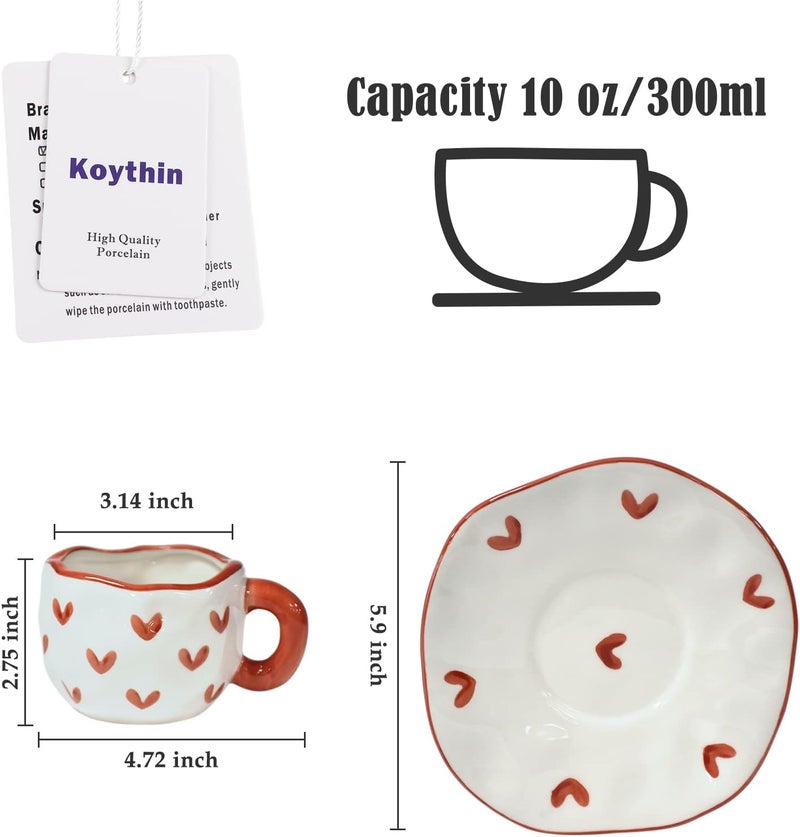 Koythin Ceramic Coffee Mug with Saucer Set, Cute Creative Cup Unique Irregular Design for Office and Home, Dishwasher and Microwave Safe, 10 oz/300 ml for Latte Tea Milk (Red Heart) - Image 2