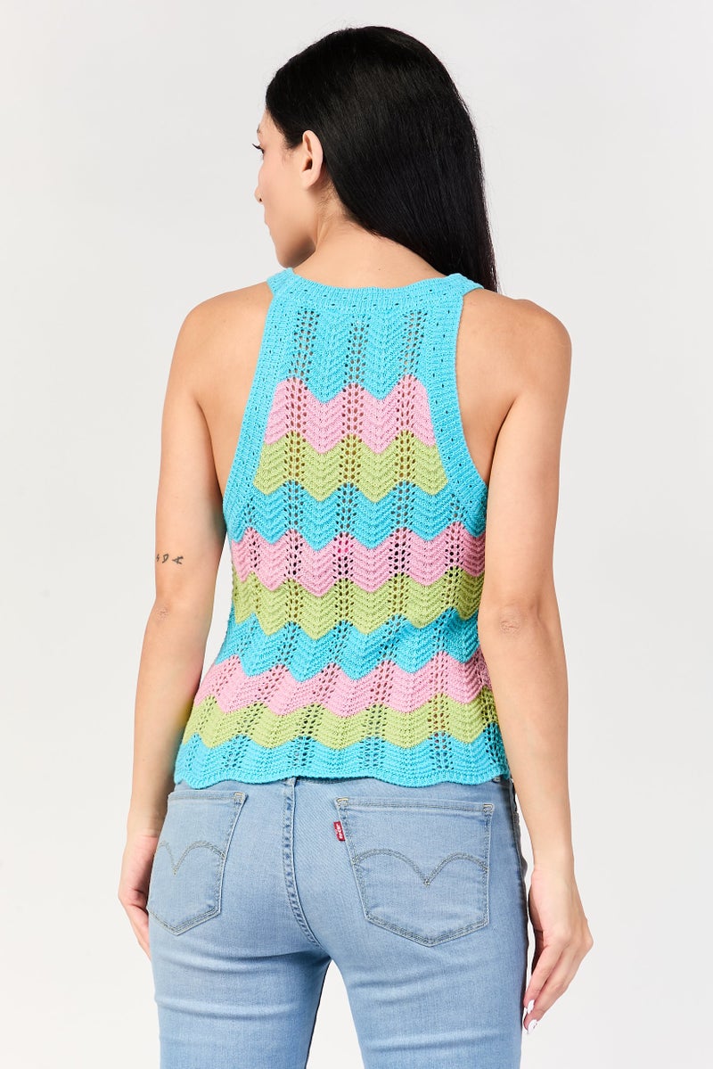 promod Women Round Neck Crochet Tank Top, Multicolor - Image 4