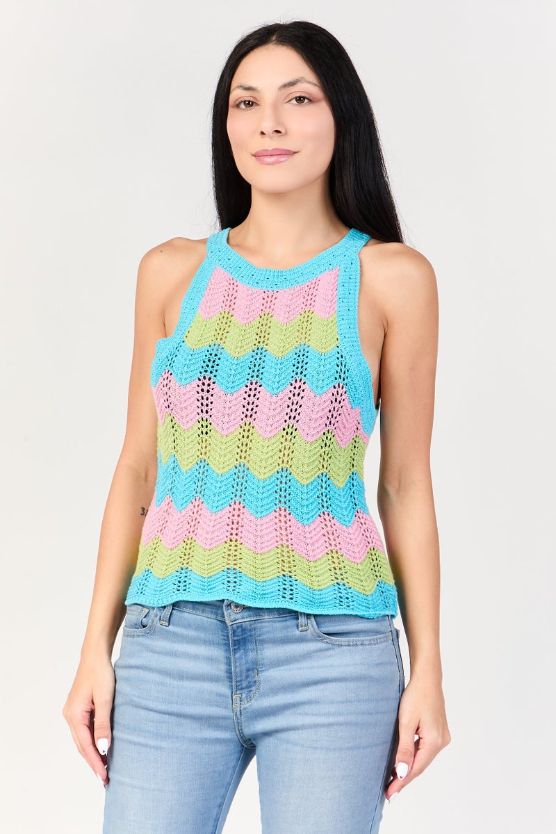 promod Women Round Neck Crochet Tank Top, Multicolor - Image 1