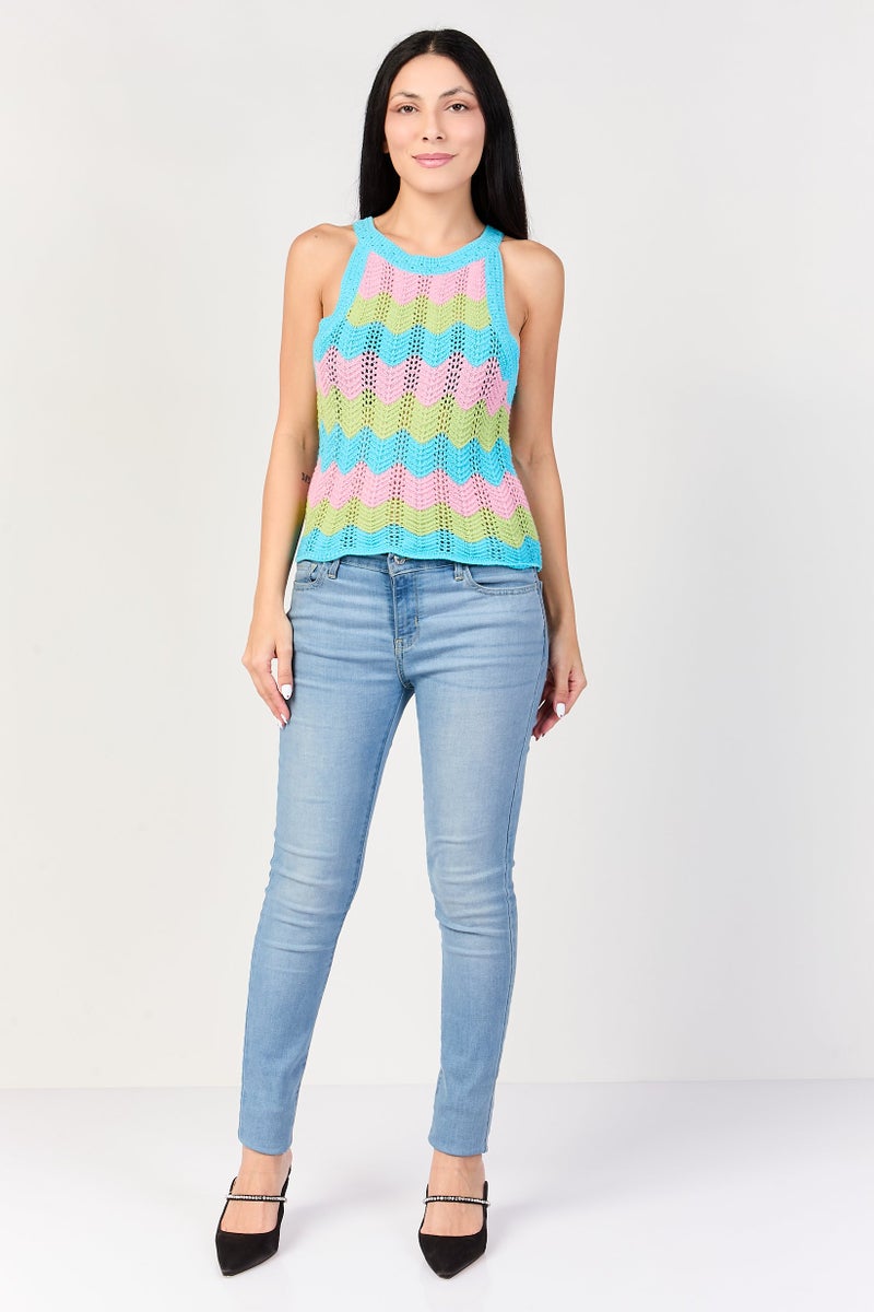 promod Women Round Neck Crochet Tank Top, Multicolor - Image 2