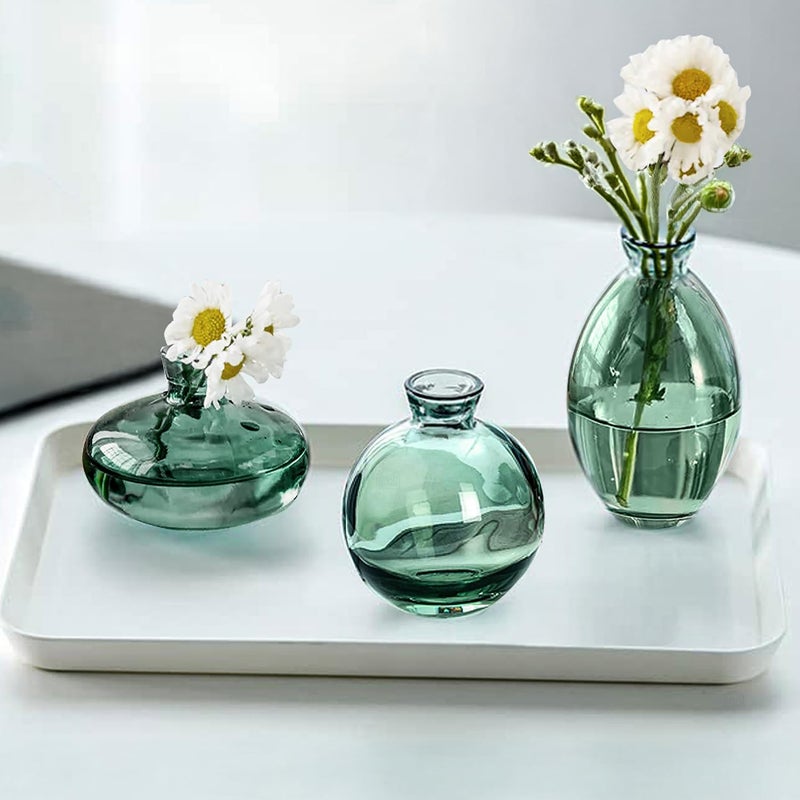 ABOUT SPACE Glass Bud Flower Vase Pack of 3 Glass Centrepiece Mini Flower Vase Antique Collections for Wedding Decorations Sturdy Smooth Oval Table Top Decor for Home Restaurants Green - Image 1