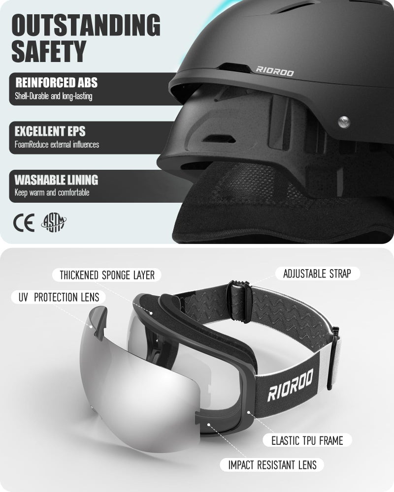 RIOROO Ski Helmet and Goggles Set, Snowboard Helmet Goggles for Men Women & Youth, Shockproof Snow Helmet Anti Fog OTG Snow Goggles for Skiing Snowboarding - Image 3