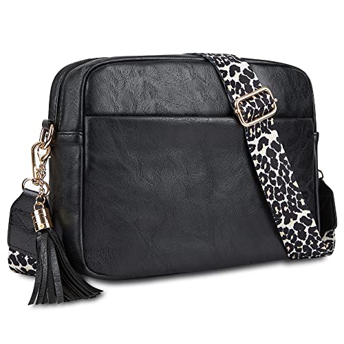 Cynure Women's Leather Crossbody Bag Zipper Shoulder Camera Purse, Black - Image 1