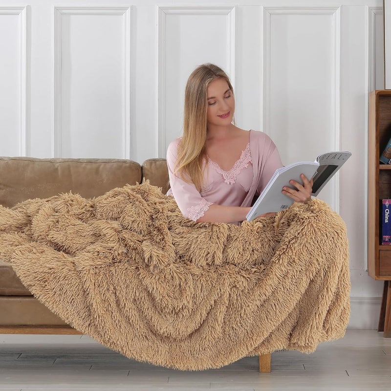 Tuddrom Decorative Extra Soft Faux Fur Blanket Queen Size 78" x 90",Solid Reversible Fuzzy Lightweight Long Hair Shaggy Blanket,Fluffy Cozy Plush Fleece Comfy Throw Blanket for Couch Sofa Bed,Camel - Image 4