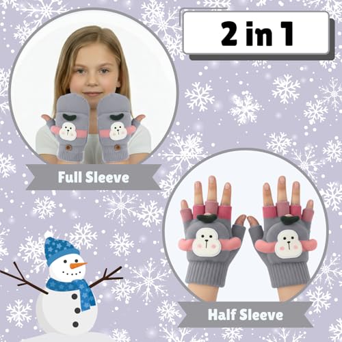 SOLDTRUE Baby Wool Soft Gloves|Cute Cartoon Design 2-in-1 Convertible Full & Half Finger Knitted Mittens|Warm, Windproof & Winter Gloves for Kids 3-8 Years, Ideal Gift for Christmas & Birthday (Grey) - Image 3