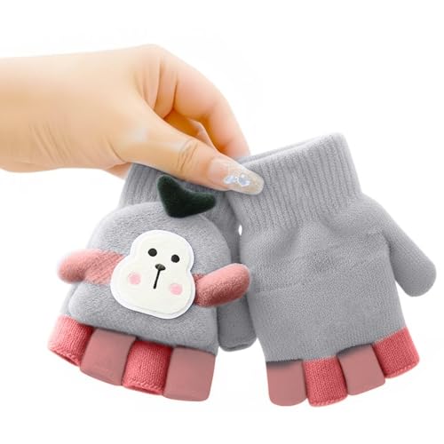 SOLDTRUE Baby Wool Soft Gloves|Cute Cartoon Design 2-in-1 Convertible Full & Half Finger Knitted Mittens|Warm, Windproof & Winter Gloves for Kids 3-8 Years, Ideal Gift for Christmas & Birthday (Grey) - Image 1