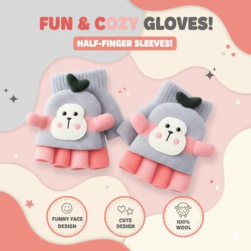 SOLDTRUE Baby Wool Soft Gloves|Cute Cartoon Design 2-in-1 Convertible Full & Half Finger Knitted Mittens|Warm, Windproof & Winter Gloves for Kids 3-8 Years, Ideal Gift for Christmas & Birthday (Grey) - Image 2
