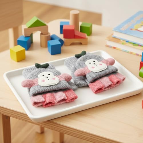 SOLDTRUE Baby Wool Soft Gloves|Cute Cartoon Design 2-in-1 Convertible Full & Half Finger Knitted Mittens|Warm, Windproof & Winter Gloves for Kids 3-8 Years, Ideal Gift for Christmas & Birthday (Grey) - Image 4