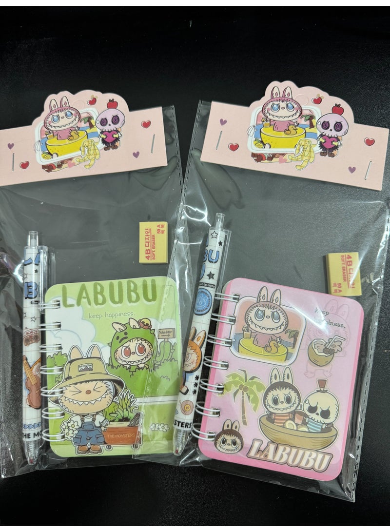 لابوبو مجموعة أدوات مكتبية مشتركة العلامة التجارية من لابوبو 4 في 1 (دفتر ملاحظات A7، قلم حبر جاف، ممحاة، ملصقات) - يتم شحن نمطين بشكل عشوائي. - Image 1