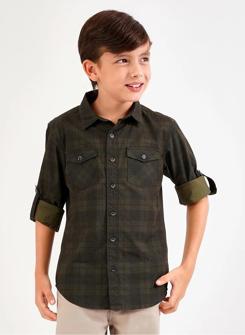 Primo Gino 100% Cotton Check Shirt With Sleeve Turn Up & Chest Pocket - Olive  - Image 1