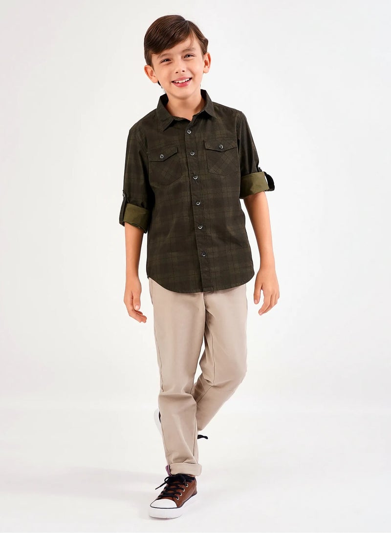 Primo Gino 100% Cotton Check Shirt With Sleeve Turn Up & Chest Pocket - Olive  - Image 2