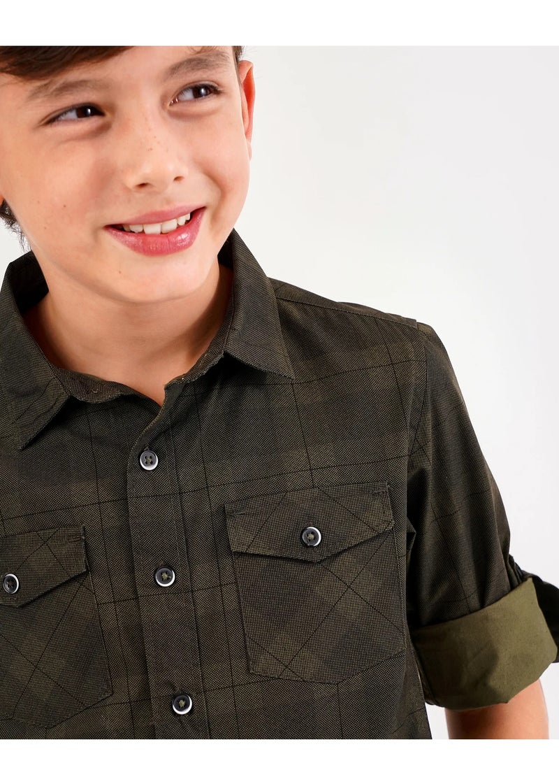 Primo Gino 100% Cotton Check Shirt With Sleeve Turn Up & Chest Pocket - Olive  - Image 3