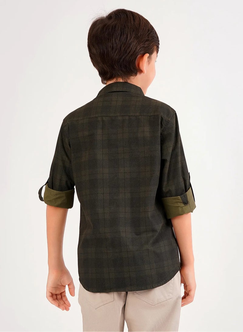 Primo Gino 100% Cotton Check Shirt With Sleeve Turn Up & Chest Pocket - Olive  - Image 4