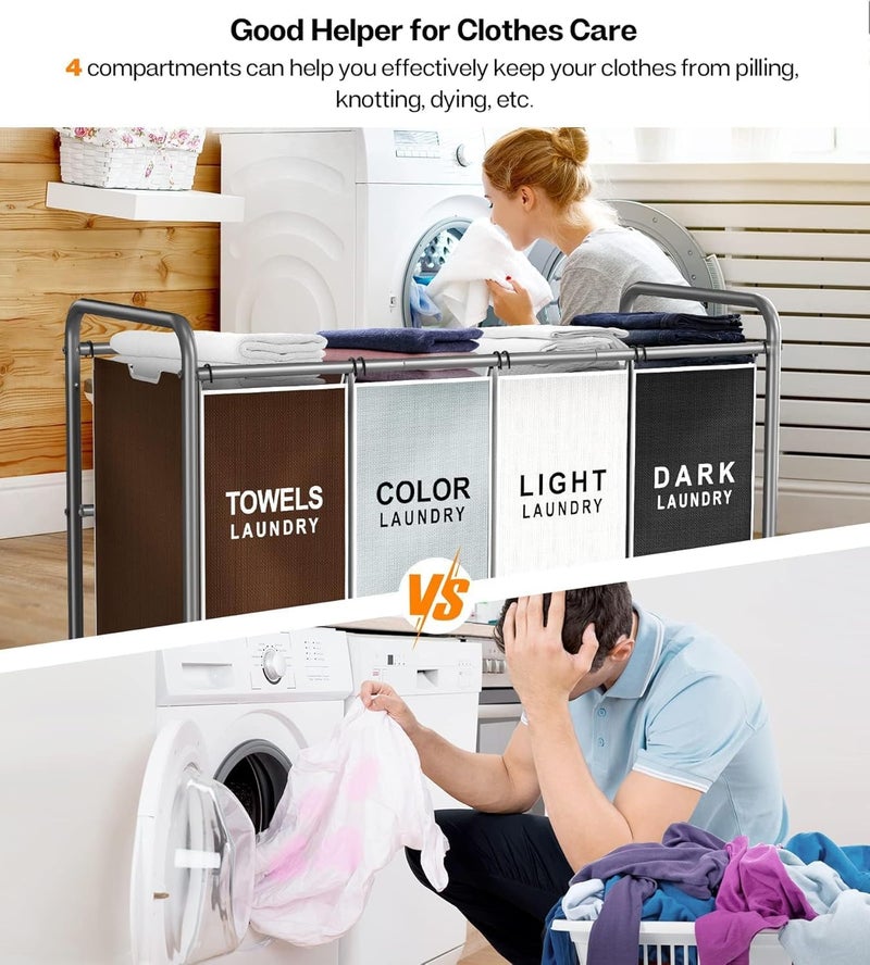 ROMOON Laundry Sorter, 4-Section Laundry Hamper with Wheels, Rolling Laundry Basket with Large Capacity and Removable Bags for Clothes Storage Multicolored - Image 3