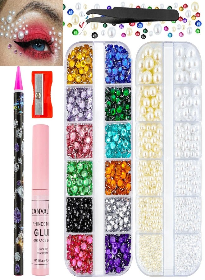 Canvalite Rhinestones for Face Colorful Face Gems Face Jewels White & Beige Half Round Pearls Eye, Hair, Nail Gems with Quick Dry Glue, Rhinestones Picker, Tweezers for Nail Art Face Makeup - Image 1