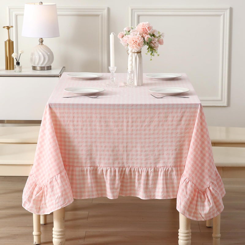 K MASANIJI Blush Plaid Ruffled Table Cloth for Rectangle Table Seat 46 100 Washed Cotton Classic Cottage Coquette Checker Gingham Vintage Decorative Tablecloth  70x52