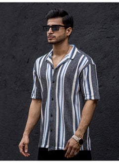 Maniac Mens Striped Collar Neck 3/4th Sleeve Black Cotton Oversized Shirt  - Image 3