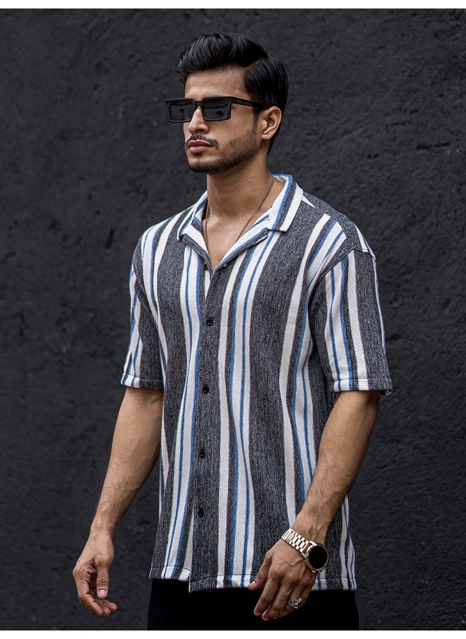 Maniac Mens Striped Collar Neck 3/4th Sleeve Black Cotton Oversized Shirt  - Image 3