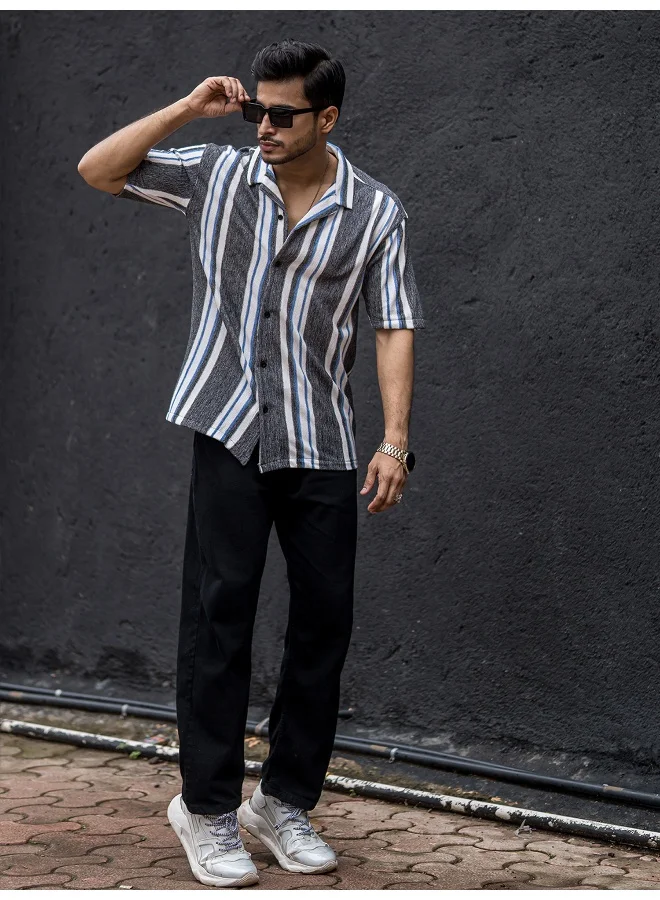 Maniac Mens Striped Collar Neck 3/4th Sleeve Black Cotton Oversized Shirt