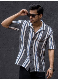 Maniac Mens Striped Collar Neck 3/4th Sleeve Black Cotton Oversized Shirt  - Image 2