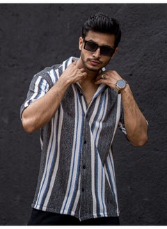 Maniac Mens Striped Collar Neck 3/4th Sleeve Black Cotton Oversized Shirt  - Image 4