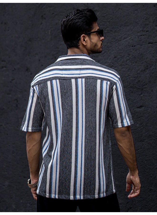 Maniac Mens Striped Collar Neck 3/4th Sleeve Black Cotton Oversized Shirt  - Image 5