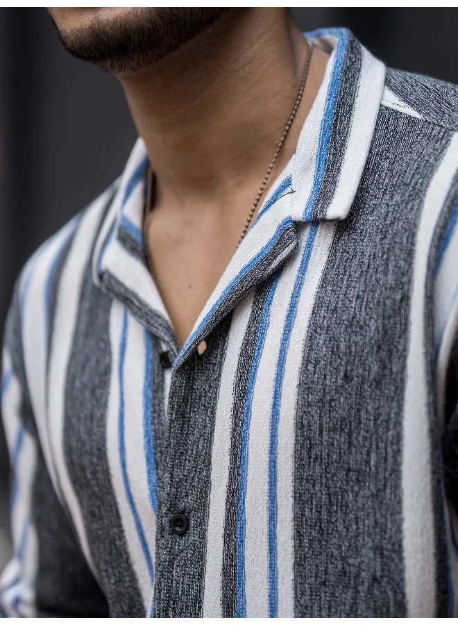 Maniac Mens Striped Collar Neck 3/4th Sleeve Black Cotton Oversized Shirt