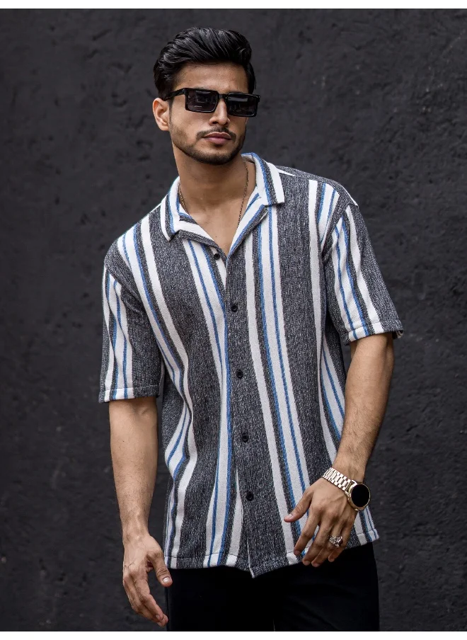 مانياك Mens Striped Collar Neck 3/4th Sleeve Black Cotton Oversized Shirt