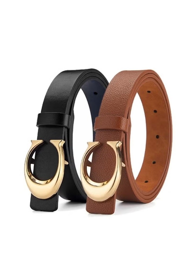 2 Pack C-buckle Double-sided Women's Leather belt Fashionable and Slim Fitting,Ladies Adjustable Belts for Jeans Pants Dresses Skinny Vintage Waist Belt Women's Accessories Waist Strap (Black,Brown) - Image 1