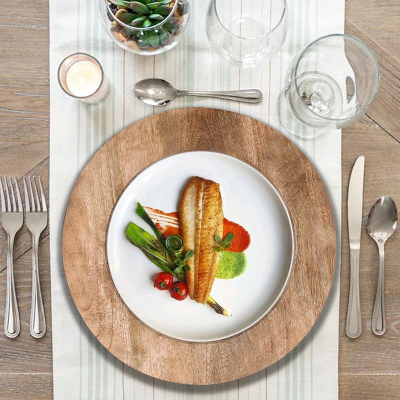 Lightnpro Natural Wood Dinner Plates  Wooden Round Charcuterie Boards Serving Platters for Food Cheese Tray Dessert Salad Plate Wood Charger Plates  Set of 2 13 Inch