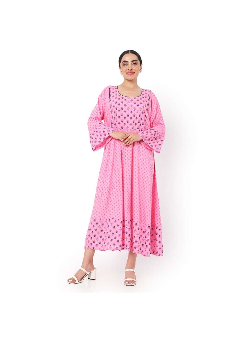 HANA & SARA فستان جلابية قفطان عربي أنيق من الفيسكوز بأكمام طويلة مزينة بنقاط مطبوعة  - Image 1