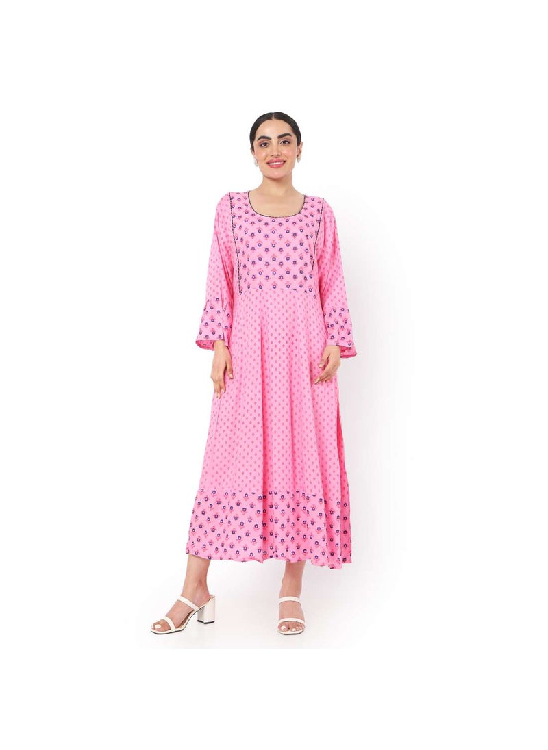 HANA & SARA فستان جلابية قفطان عربي أنيق من الفيسكوز بأكمام طويلة مزينة بنقاط مطبوعة  - Image 5