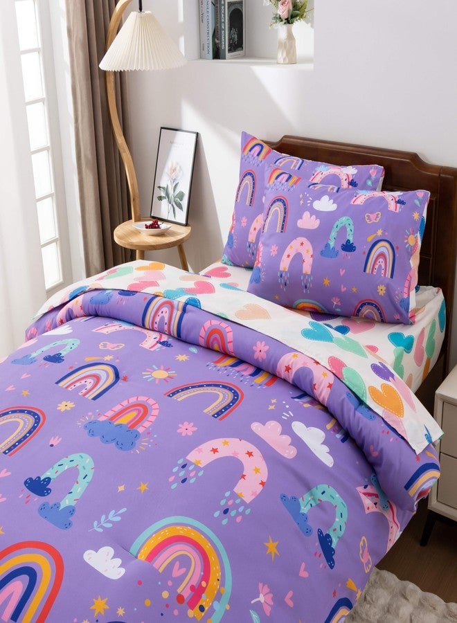 Btargot 5 Piece Dark Purple Rainbow Comforter Set for Girls Boys Kids, Twin Size Cartoon Love Hearts Flowers and Sun Star Bedding Set, Bed in a Bag with Comforter, Sheets and Pillowcases - Image 5