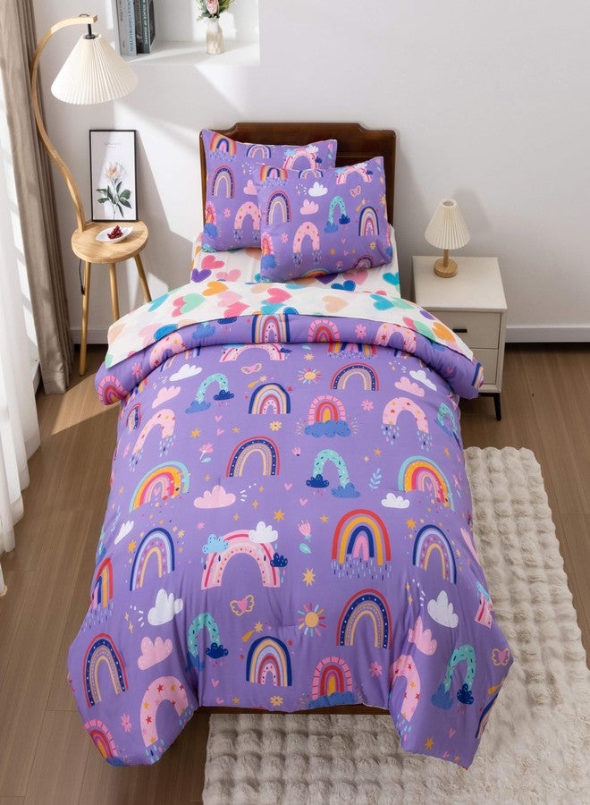 Btargot 5 Piece Dark Purple Rainbow Comforter Set for Girls Boys Kids, Twin Size Cartoon Love Hearts Flowers and Sun Star Bedding Set, Bed in a Bag with Comforter, Sheets and Pillowcases - Image 1