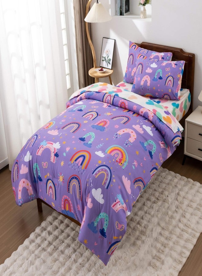 Btargot 5 Piece Dark Purple Rainbow Comforter Set for Girls Boys Kids, Twin Size Cartoon Love Hearts Flowers and Sun Star Bedding Set, Bed in a Bag with Comforter, Sheets and Pillowcases - Image 2