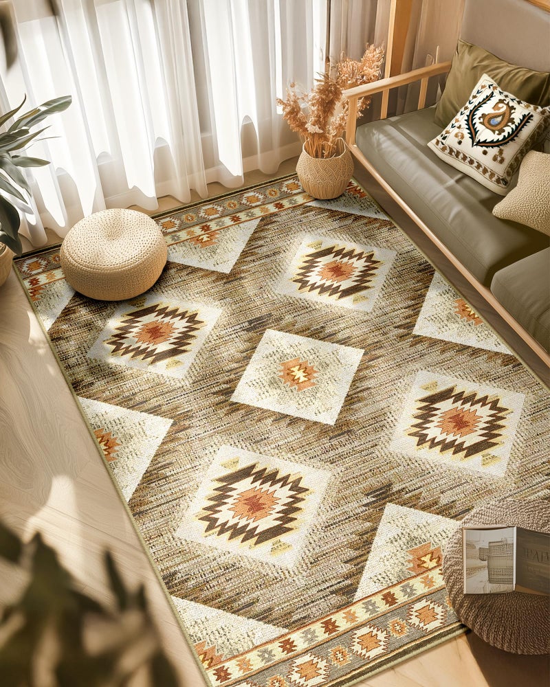 Area Rug 5x7 Rug Machine Washable NonSlip Low Pile Print Pattern Western Rug for Living Room Bedroom Entryway Tribal Series CreamCamel