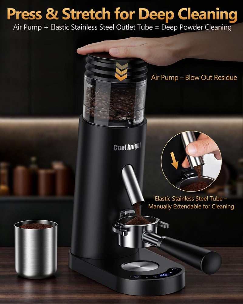 COOL KNIGHT Rechargeable Conical Burr Coffee Grinder, 60 Grind Settings & 5â€“98 Level Timer, Espresso Grinder with Bellows Hopper and Portafilter Holder, Easy to Clean - Image 5