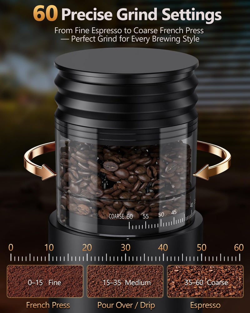 COOL KNIGHT Rechargeable Conical Burr Coffee Grinder, 60 Grind Settings & 5â€“98 Level Timer, Espresso Grinder with Bellows Hopper and Portafilter Holder, Easy to Clean - Image 2
