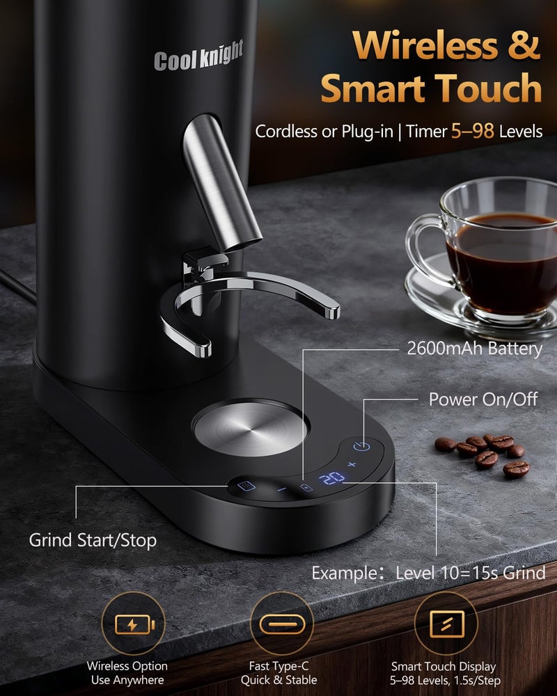 COOL KNIGHT Rechargeable Conical Burr Coffee Grinder, 60 Grind Settings & 5â€“98 Level Timer, Espresso Grinder with Bellows Hopper and Portafilter Holder, Easy to Clean - Image 4