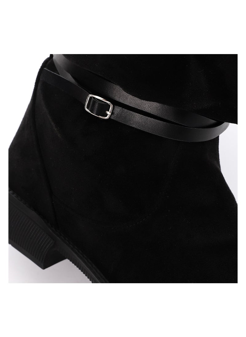Mr.joe Suede Black Mid Calf Flat Boot For Women 3833  - Image 5