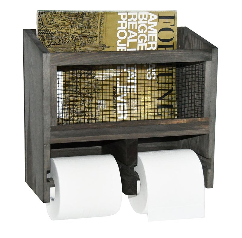 OwlGift Vintage Gray Solid Wood  Metal Mesh Wall Mounted Dual Toilet Paper Roll Dispenser  Magazine Holder Basket