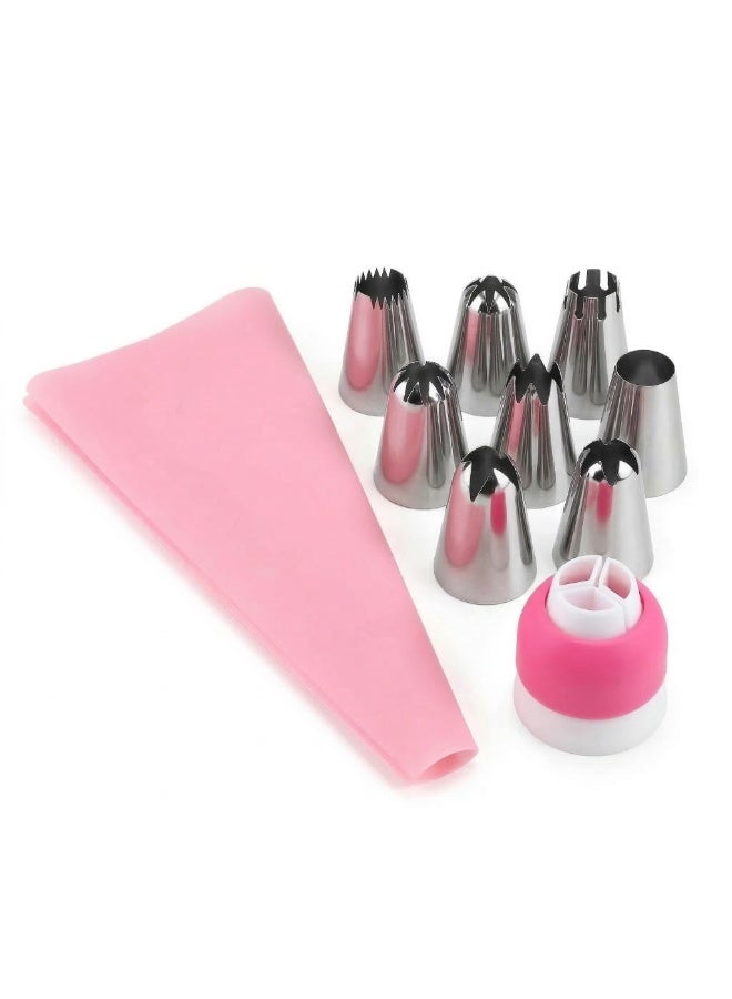 Cake Decorating Kit 10 Pieces, Silicone Piping Bag with 8 Stainless Steel Nozzles and Coupler, Cream Decorating Tools for Cake Cupcake Cookies and Desserts- Pink - Image 1