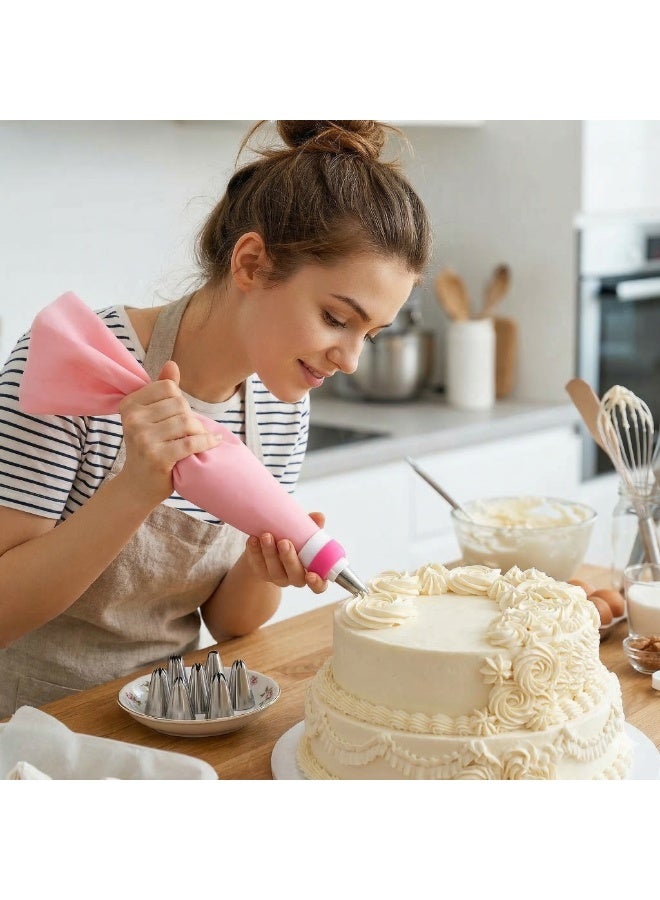 Cake Decorating Kit 10 Pieces, Silicone Piping Bag with 8 Stainless Steel Nozzles and Coupler, Cream Decorating Tools for Cake Cupcake Cookies and Desserts- Pink - Image 3